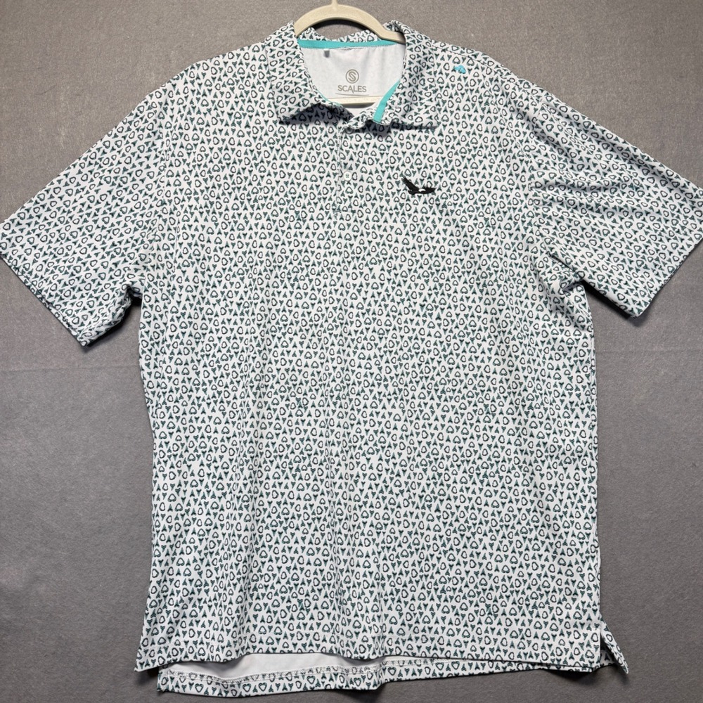 Scales Mens Golf Polo Shirt Shark Tooth Print Turquoise Teal X Large‎